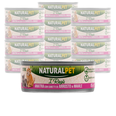 Naturalpet Cat Sterilised I rag&ugrave; Anatra con cubetti di arrosto di maiale 85gr
