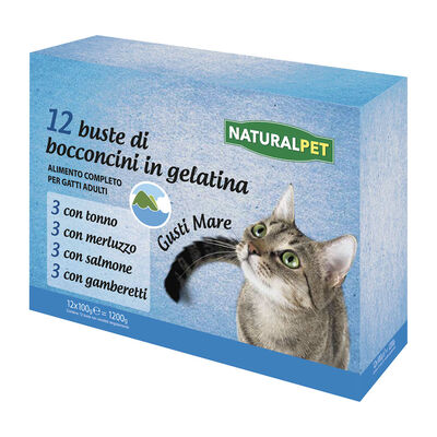 Naturalpet Cat Adult Gusti Mare, bocconcini in gelatina, con Tonno, con Merluzzo, con Salmone, con Gamberetti 12x100 gr