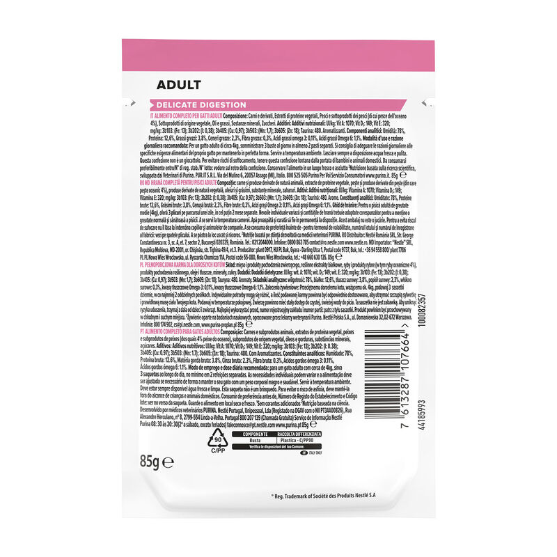 Purina Pro Plan Delicate Digestion Cat Adult Pezzetti con Pesce dell'Oceano in Salsa 85 gr