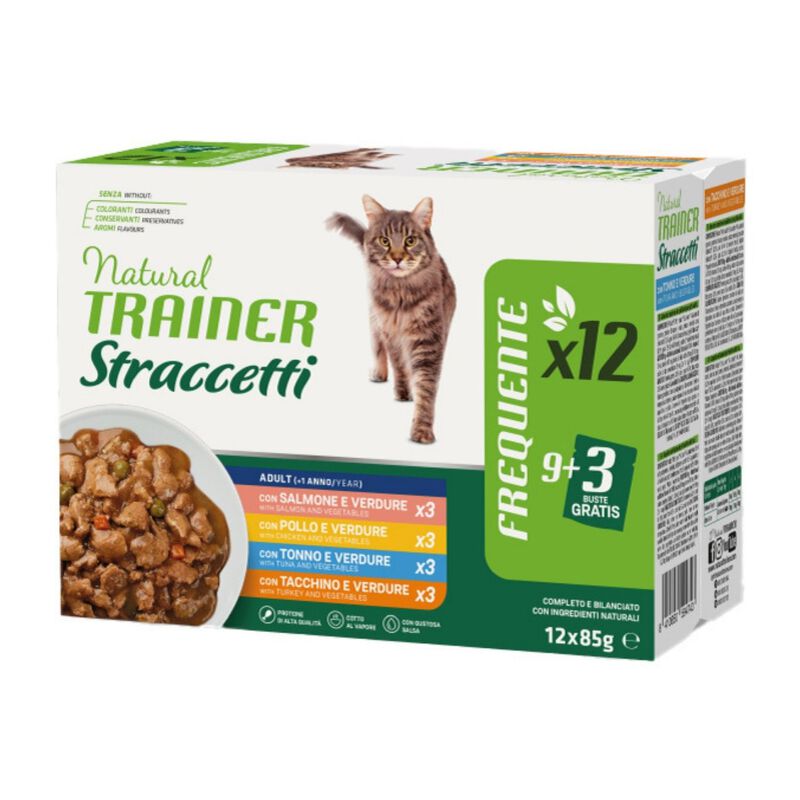 Natural Trainer Cat Adult Straccetti Salmone, Pollo, Tonno e Tacchino 12x85 gr