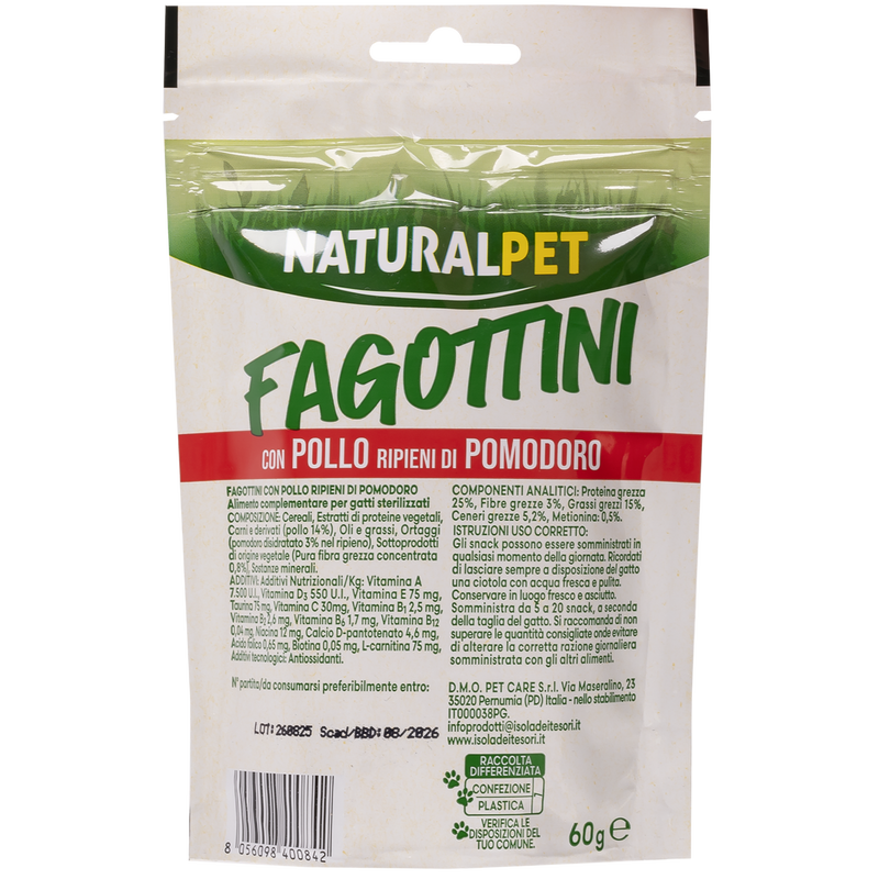 Naturalpet cat snacks Fagottini con Pollo ripieni di pomodoro 60 gr