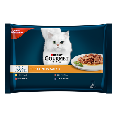 Gourmet Perle Cat Adult Filettini in Salsa con Manzo Pollo Agnello e Anatra 4x85 gr