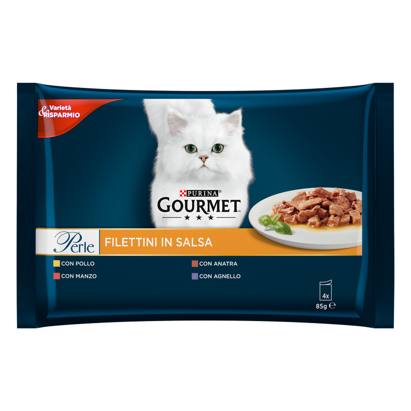 Gourmet Perle Cat Adult Filettini in Salsa con Manzo Pollo Agnello e Anatra 4x85 gr