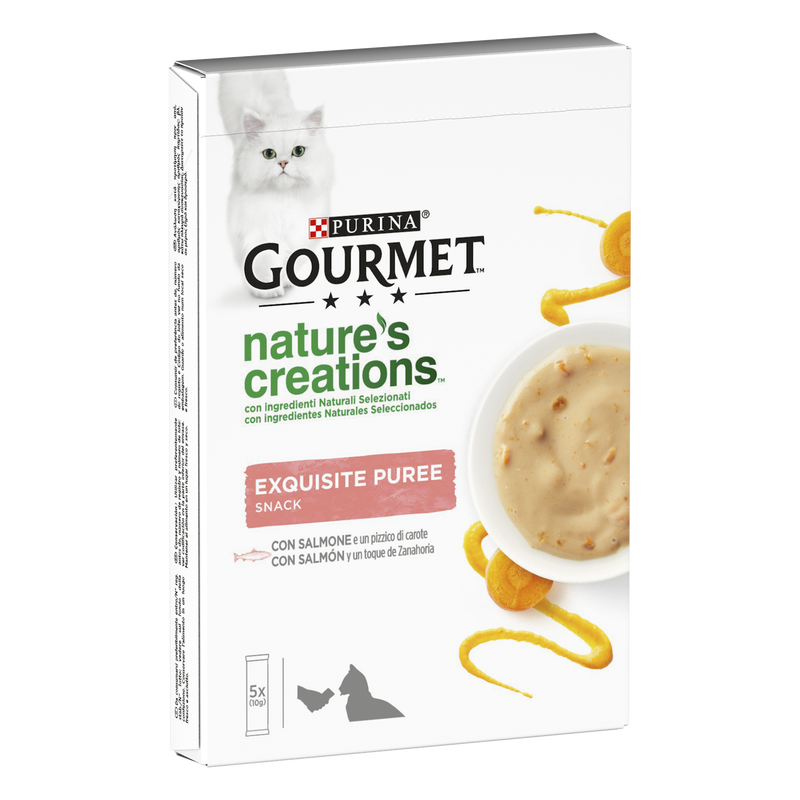 Gourmet Nature's Creations Snack per gatti Exquisite Puree Salmone e Carota 5x10 gr