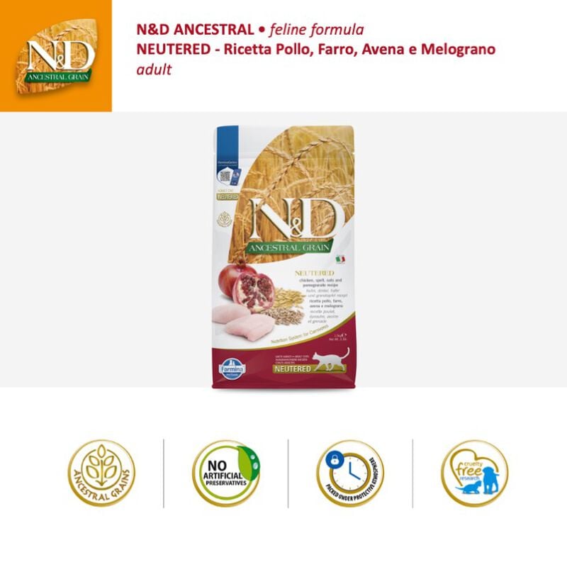 Farmina N&D Ancestral Grain Cat Sterilised Pollo Farro Avena e Melograno 1,5 kg