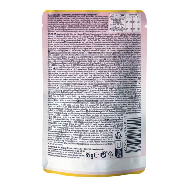 Happy Cat Kitten & Junior Farm Poultry con Pollame in Salsa 85 gr