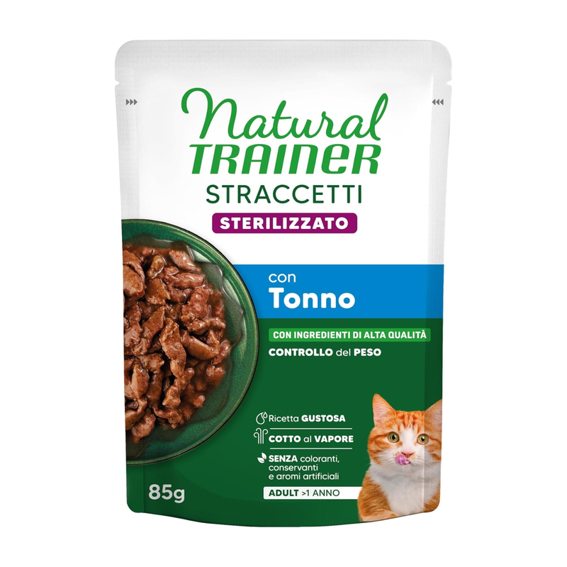 Natural Trainer Cat Adul Sterilised straccetti con tonno 85gr