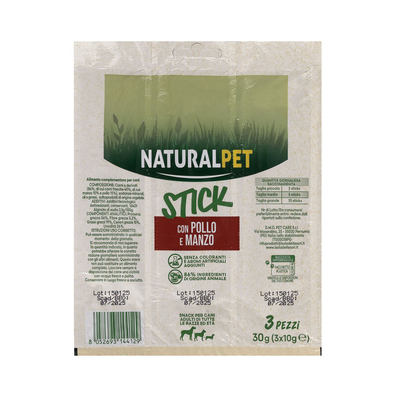 Naturalpet Stick per cani con pollo e manzo 30 gr - 3 pz