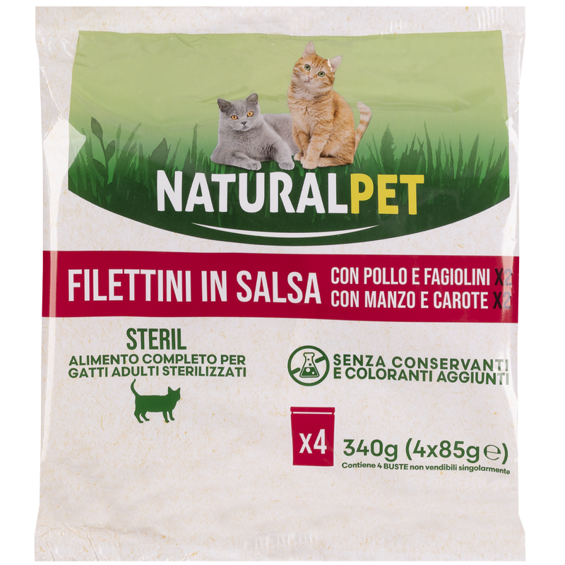 Naturalpet Cat Sterilizzati Filettini in salsa con Pollo e Fagiolini e con Manzo e Carote 4x85 gr