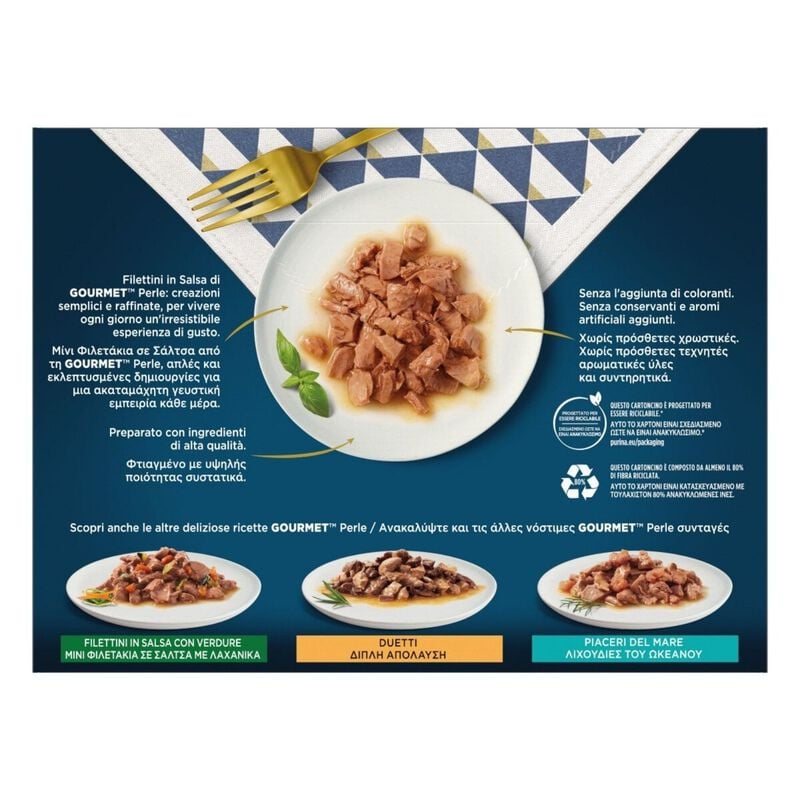 Gourmet Perle Cat Adult Filettini in Salsa Tacchino Tonno Anatra e Agnello 8 x 85 gr