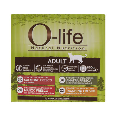 O-life Cat Adult Multibox Straccetti in salsa Salmone, Manzo, Anatra e Tacchino 85grx10 pz