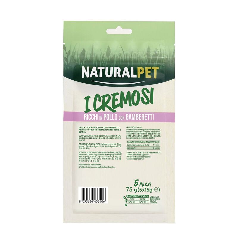 Naturalpet Cat Snack I Cremosi ricchi in Pollo con Gamberetti 5x15gr