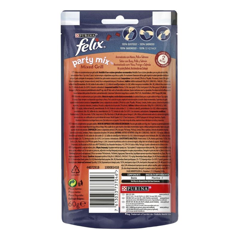 Felix Party Mix Snack per gatti Mixed Grill con Manzo Pollo e Salmone 60 gr