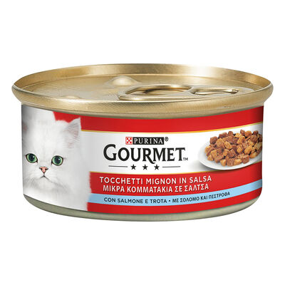 Gourmet Rosso Cat Adult Tocchetti Mignon in Salsa con Salmone e Trota 195 gr