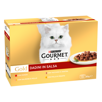 Gourmet Gold Cat Adult Dadini in Salsa con Manzo, Salmone e Pollo, Tacchino e Anatra, Pollo e Fegato 12x85 gr