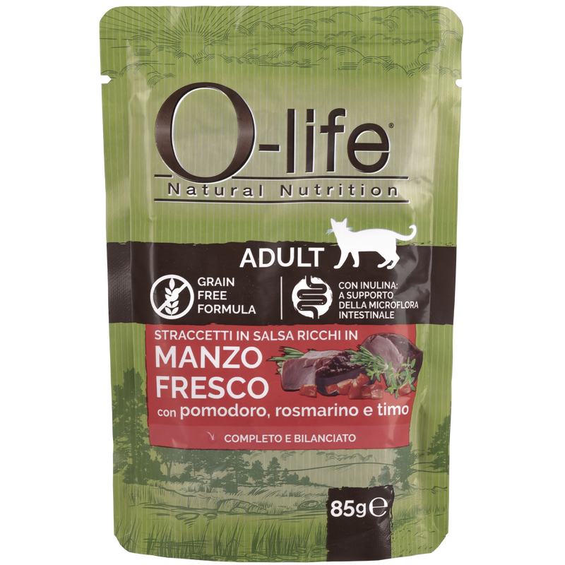 O-life Cat Adult Straccetti in salsa ricchi in Manzo fresco pomodoro rosmarino e timo 85 gr