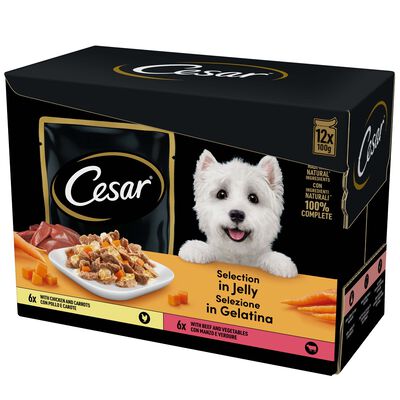 Cesar Dog Delizie del Giorno Pollo e Carote e Manzo e Verdure in Gelatina 12x100 gr