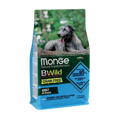 Monge BWild Crocchette Grain Free per cani adulti Acciughe con patate e piselli 2,5 kg