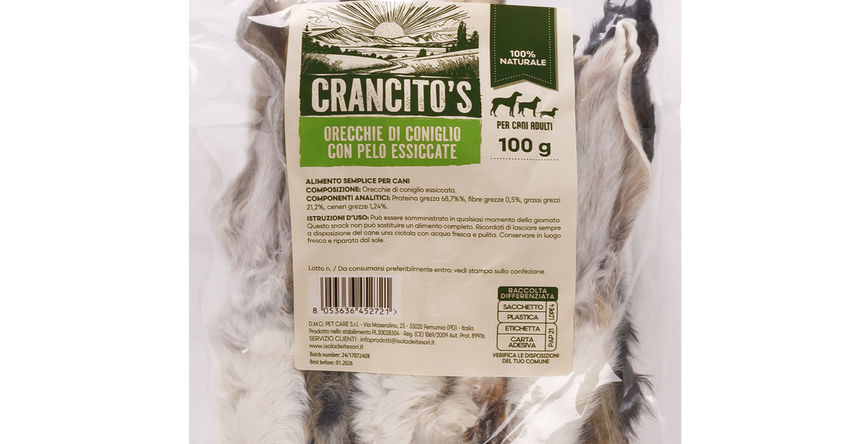 Orecchie Di Coniglio Essiccate Senza Pelo Per Cani - Snack Monoproteico Naturale, 100g, Senza Conservanti, Per Addestramento