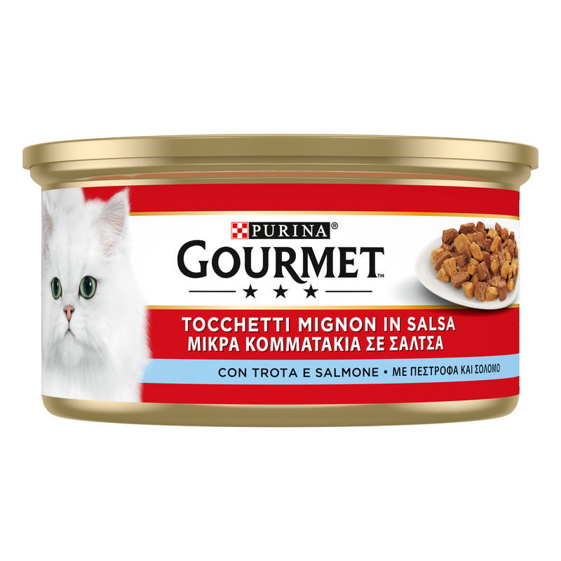 Gourmet Rosso Cat Adult Tocchetti Mignon in Salsa con Salmone e Trota 195 gr