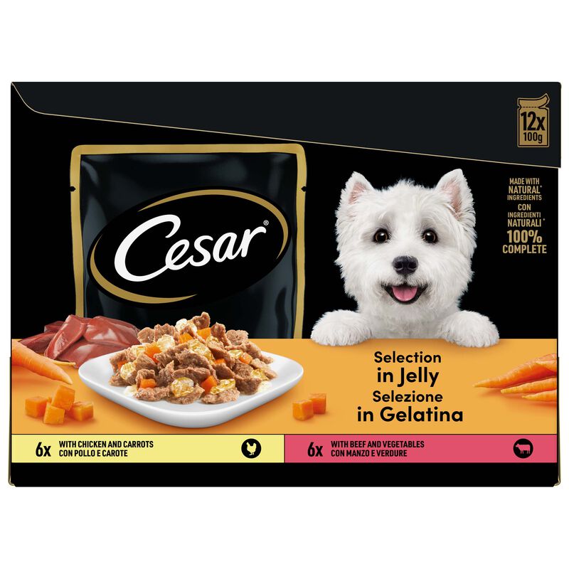 Cesar Dog Delizie del Giorno Pollo e Carote e Manzo e Verdure in Gelatina 12x100 gr