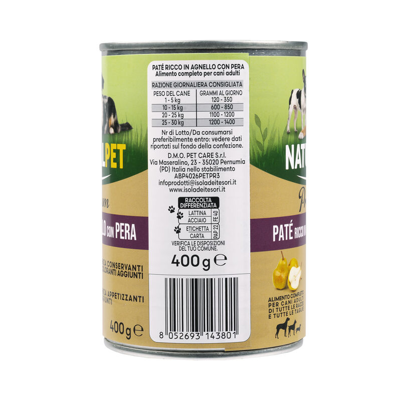 Naturalpet Premium Dog Adult Paté ricco in Agnello con pera 400gr