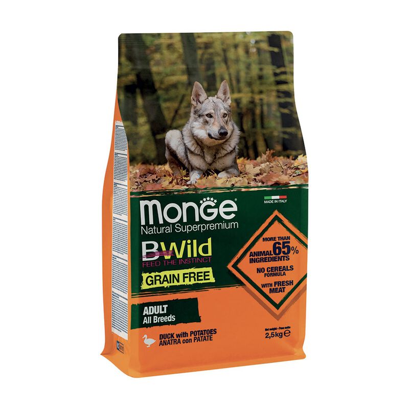 Monge BWild Crocchette Grain Free per cani adulti Anatra con patate 2,5 kg