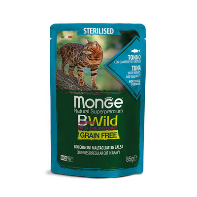 Monge Natural Superpremium BWild per gatti adulti sterilizzati Grain Free Bocconcini Tonno Gamberetti e Ortaggi 85 gr