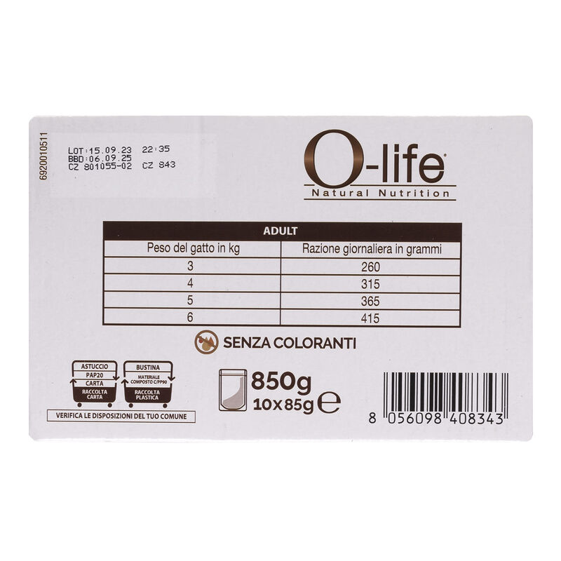 O-life Cat Adult Multibox Straccetti in salsa Salmone, Manzo, Anatra e Tacchino 85grx10 pz