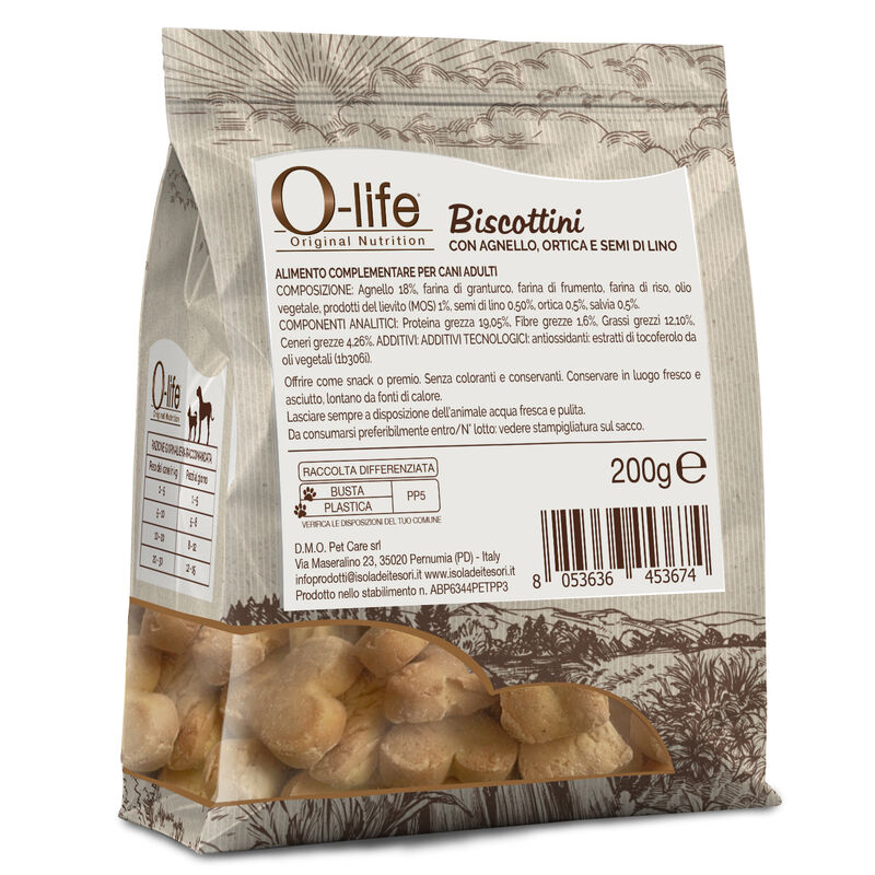 O-life Dog Adult Biscottini con Agnello ortica e semi di lino 200gr