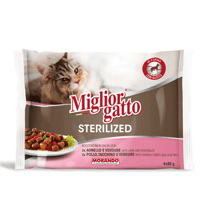 Migliorgatto Cat  Sterilized bocconcini in salsa assortiti Pollo, Tacchino e Verdure/Agnello e Verdure 4 x 85 gr