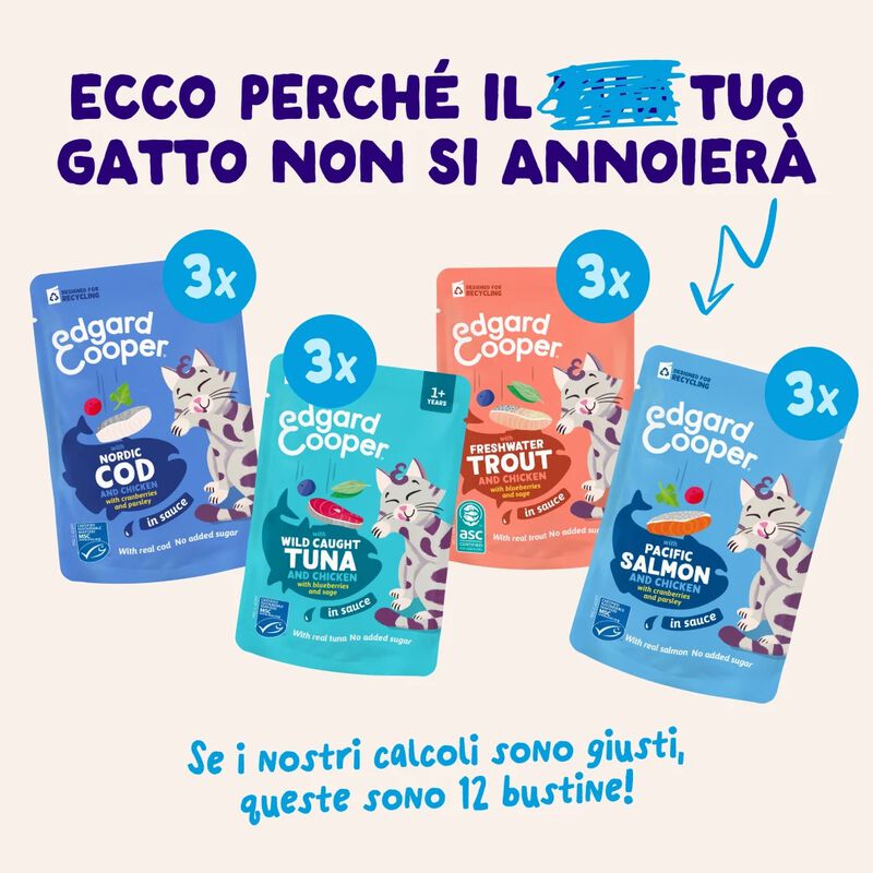 Edgard & Cooper Bocconcini in Salsa per gatti adulti Pesce 12pzx85gr
