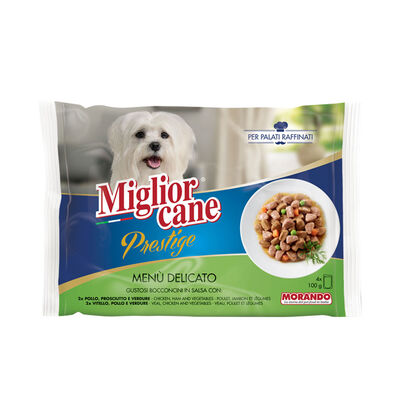 Migliorcane Prestige Dog Mini Bocconcini in salsa Pollo Prosciutto Vitello e verdure 100grx4pz