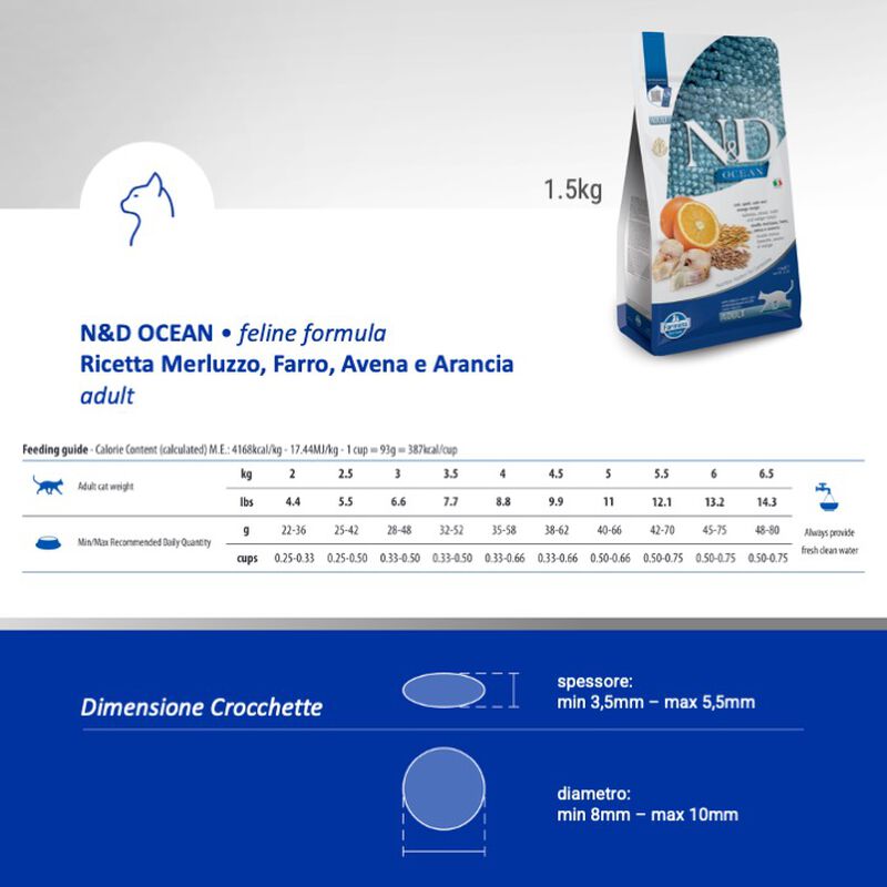 Farmina N&D Ocean Cat Adult Merluzzo, Farro, Avena e Arancia 1,5 kg