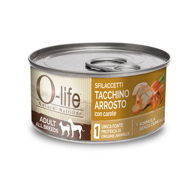 O-life Dog Adult All Breed: Sfilaccetti di Tacchino Arrosto con Carote 85 gr