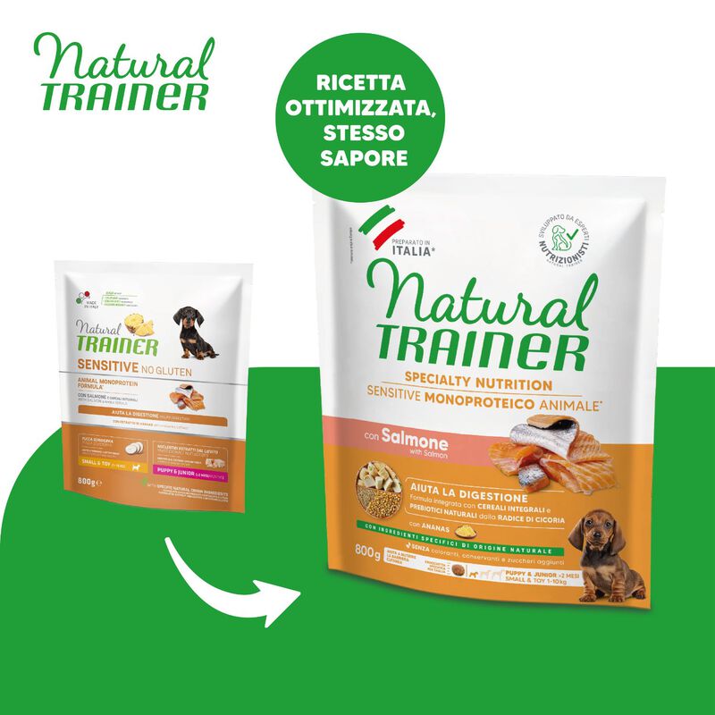 Natural Trainer Sensitive Dog No Gluten Small & Toy Puppy & Junior con Salmone 800 gr