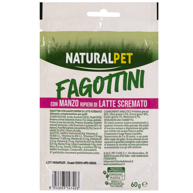 Naturalpet Snack Cat Sterilised  Fagottini con Manzo ripieni di Latte scremato 60gr