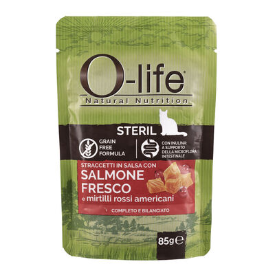 O-life Cat Adult Sterilised Straccetti in salsa con Salmone fresco e Mirtilli rossi americani 85 gr