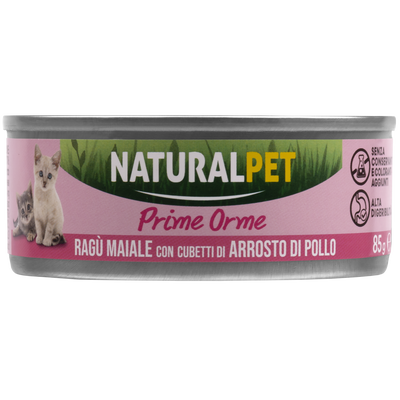 Naturalpet Prime Orme Kitten ragù al maiale con cubetti di arrosto di pollo e riso 85gr