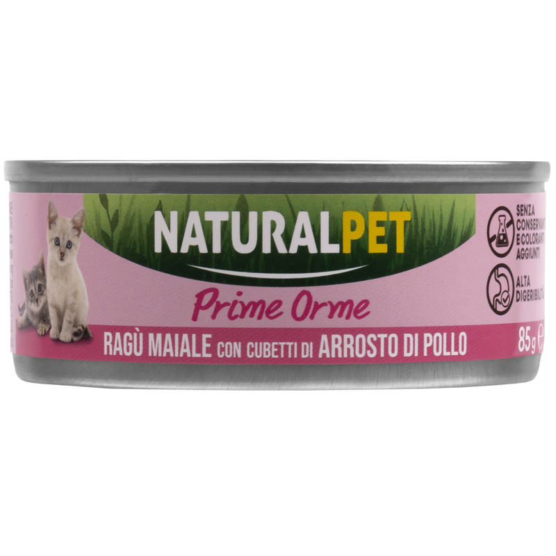 Naturalpet Prime Orme Kitten ragù al maiale con cubetti di arrosto di pollo e riso 85gr