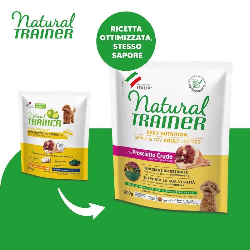 Natural Trainer Dog Adult Small & Toy Dog Adult con Prosciutto crudo e Riso 800 gr