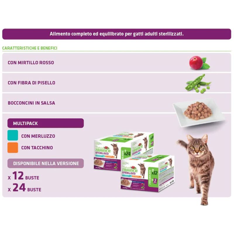 Natural Trainer Cat Adult Sterilised con Tacchino e Merluzzo 85gx24pz