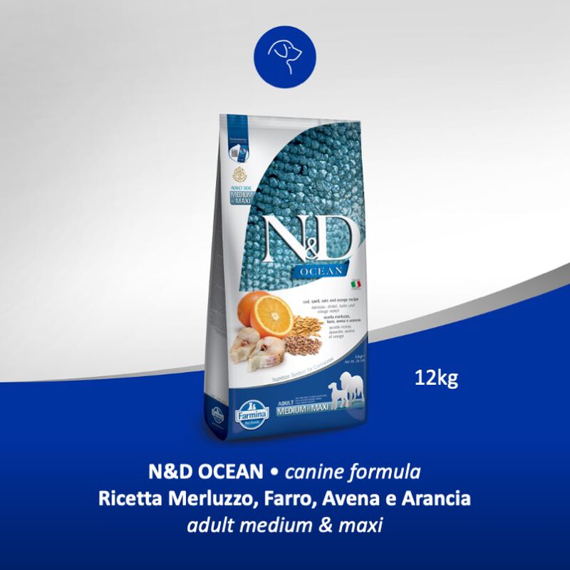 Farmina N&D Ocean Dog Adult Medium & Maxi Merluzzo, Farro, Avena e Arancia 12 kg