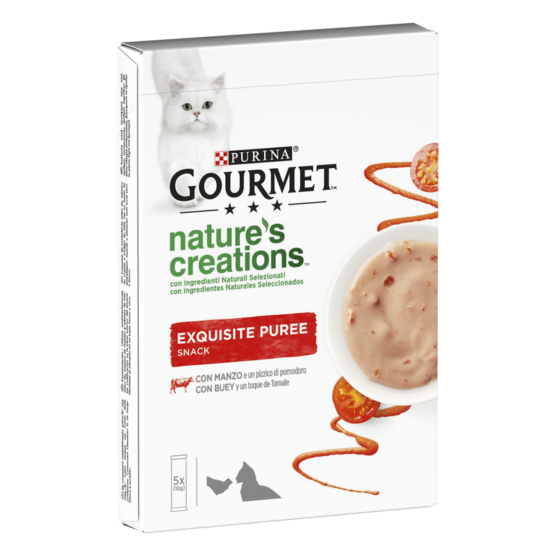 Gourmet Nature's Creations Snack per gatti Exquisite Puree Manzo e Pomodoro 5x10 gr