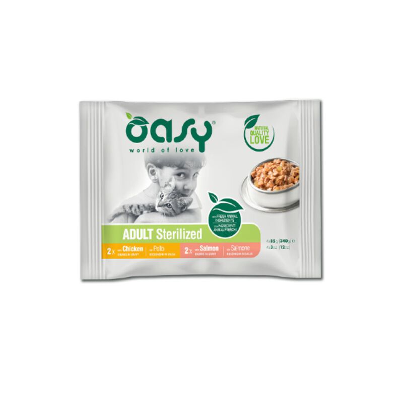 Oasy Cat Adult Sterilized Bocconcini in salsa Multipack con Salmone e Pollo 4 pz x 85 gr
