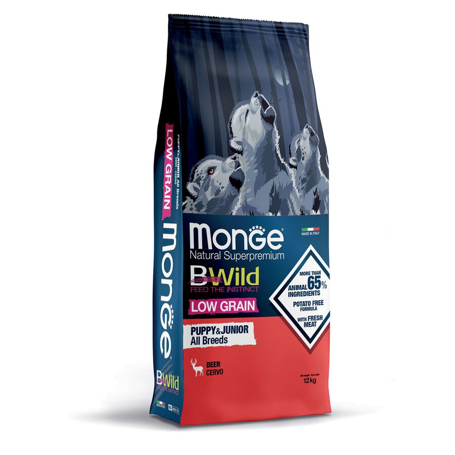 Monge BWild Formula Low Grain Crocchette per cuccioli Cervo 12 kg