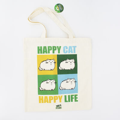 Shopper in tessuto con stampa Happy Cat