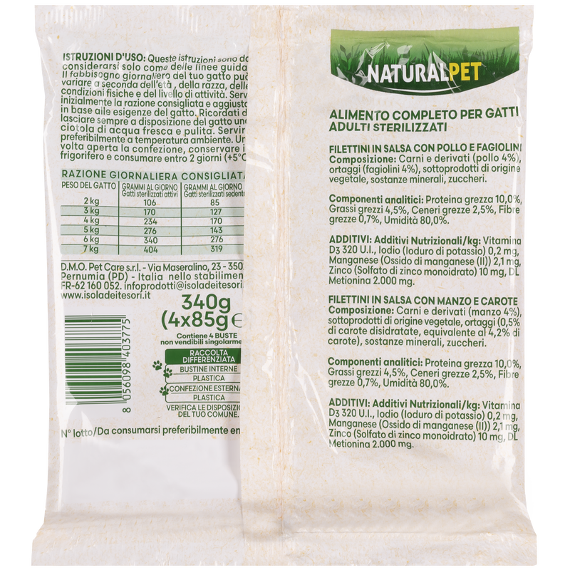 Naturalpet Cat Sterilizzati Filettini in salsa con Pollo e Fagiolini e con Manzo e Carote 4x85 gr