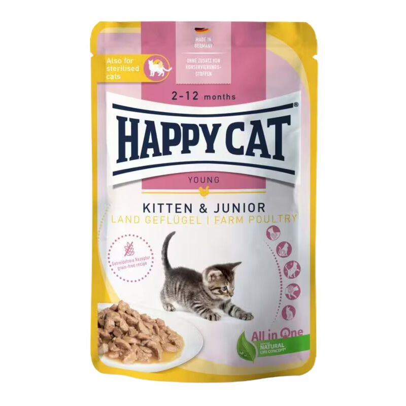 Happy Cat Kitten & Junior Farm Poultry con Pollame in Salsa 85 gr