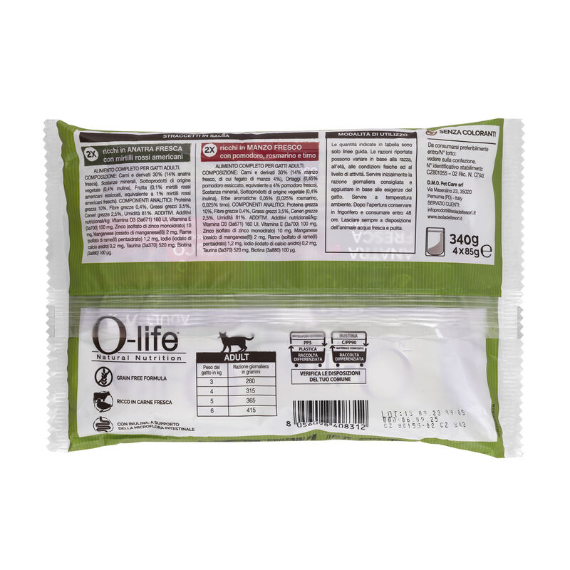 O-life Cat Adult Straccetti in salsa con Manzo e Anatra 85grx4pz